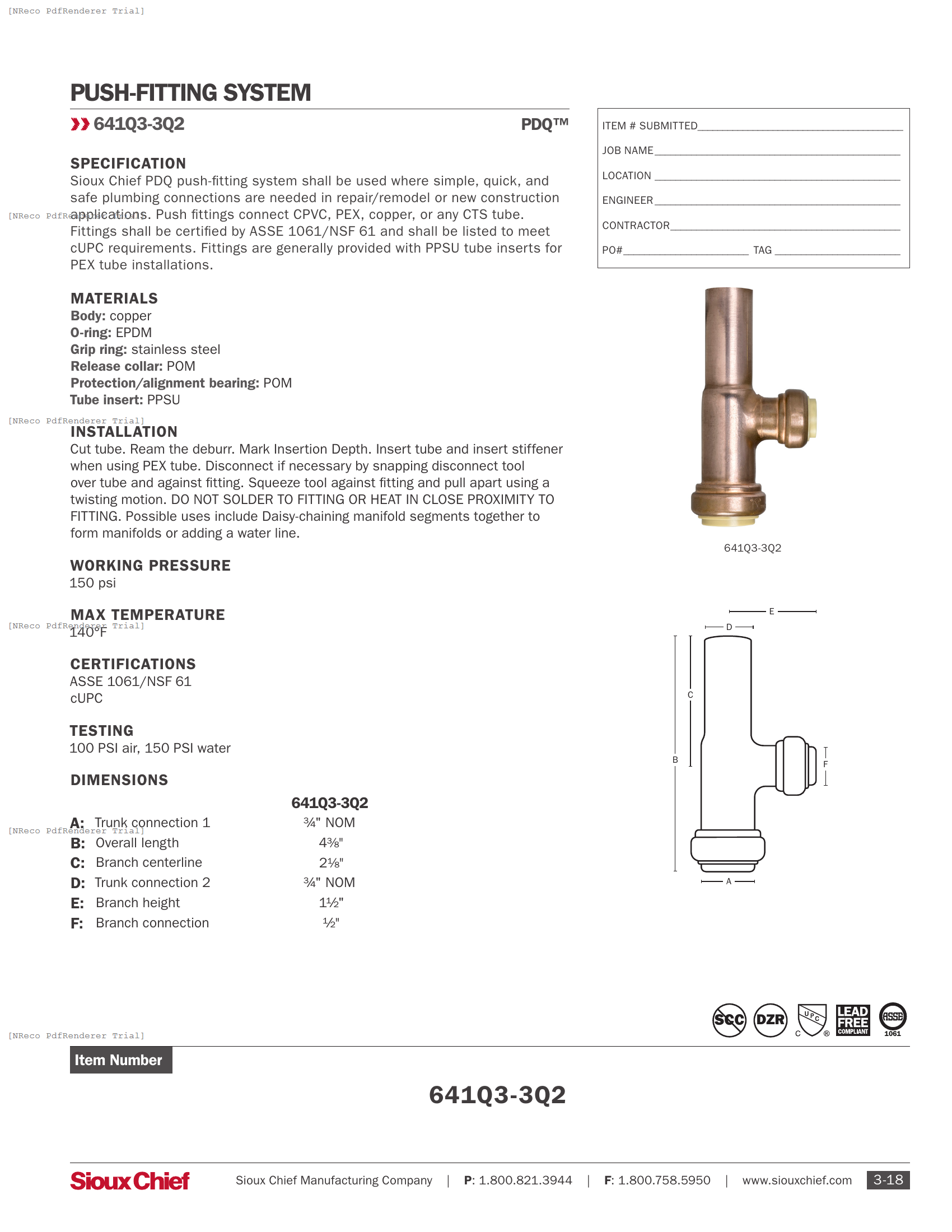 641Q SERIES - COPPER PDQ TEE - SPEC SHEET.PDF Specification Document